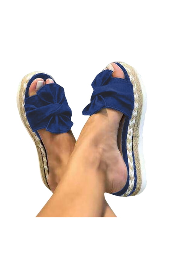 Women Bowknot Beach Summer Slippers Platform Slope Heels Plus Size Shoes Blue 38