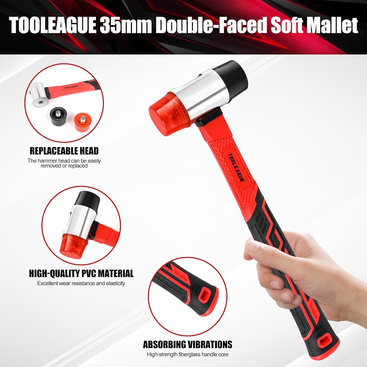 RGHJAR-2Pcs Hammer Set,16oz Rubber Mallet & 35mm Double-Faced Soft Mallet for Camping, Woodworking, DIY Projects, Landscaping,Flooring, Tent Stakes, Black and Red
