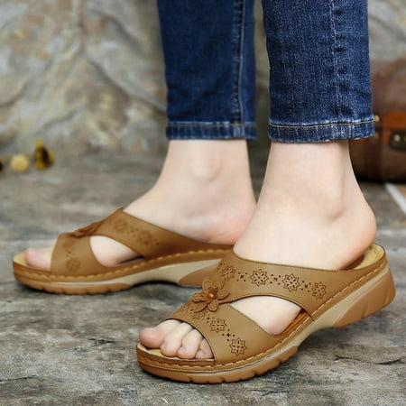 

〖Yilirongyumm〗 Brown 39 Sandals Women Fashion Vintage Flower Wedge Sandals Ladies Slip On Comfortable Shoes