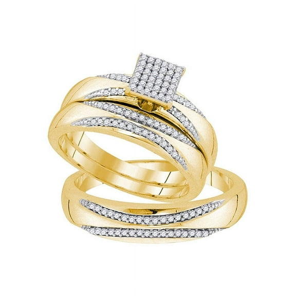 10kt Yellow Gold His & Hers Round Diamond Square Cluster Matching Bridal Wedding Ring Band Set 1/3 Cttw