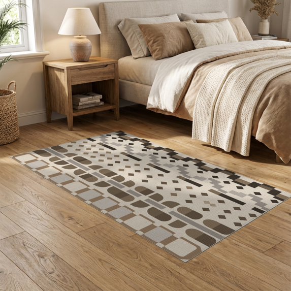 ODIKA 5'x7' Brown Beige Geometric Vertical Stripe Washable Area Rug Contemporary Multi Panel Stepped Motif Abstract Non-Slip, Low Pile, Stain Resistant for Guest Room, Lounge, Apartment