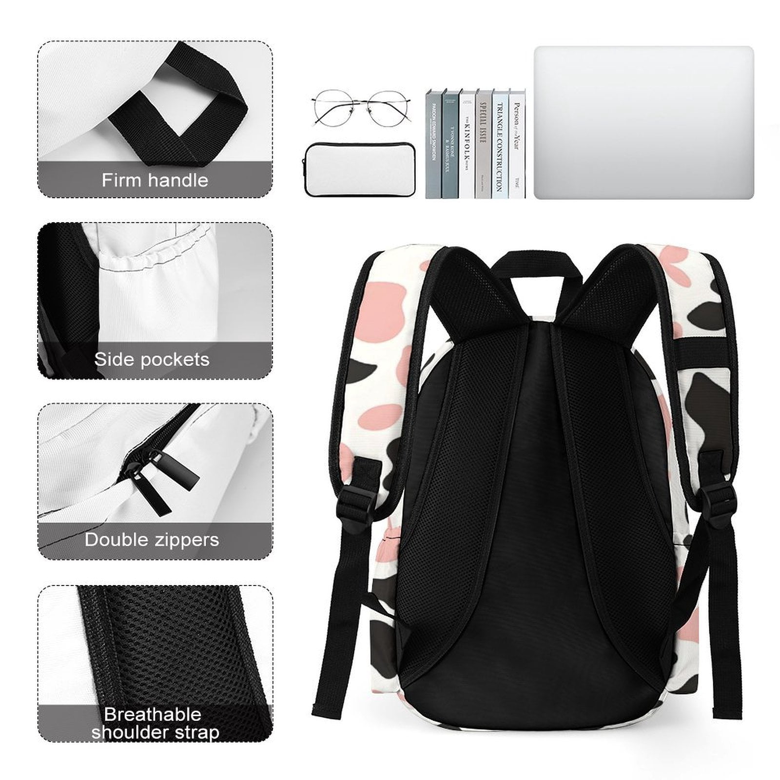Large Capacity Half Print Backpack 11.8×16.5×5.9in Multifunctional Zipper Design Convenient Switch Simple Cow-print Pattern_3
