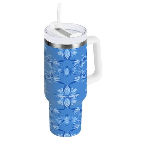 

Stainless Steel Tumbler with Straw and Handle Double Wall Insulated Tumblers Symmetrical Floral Motif