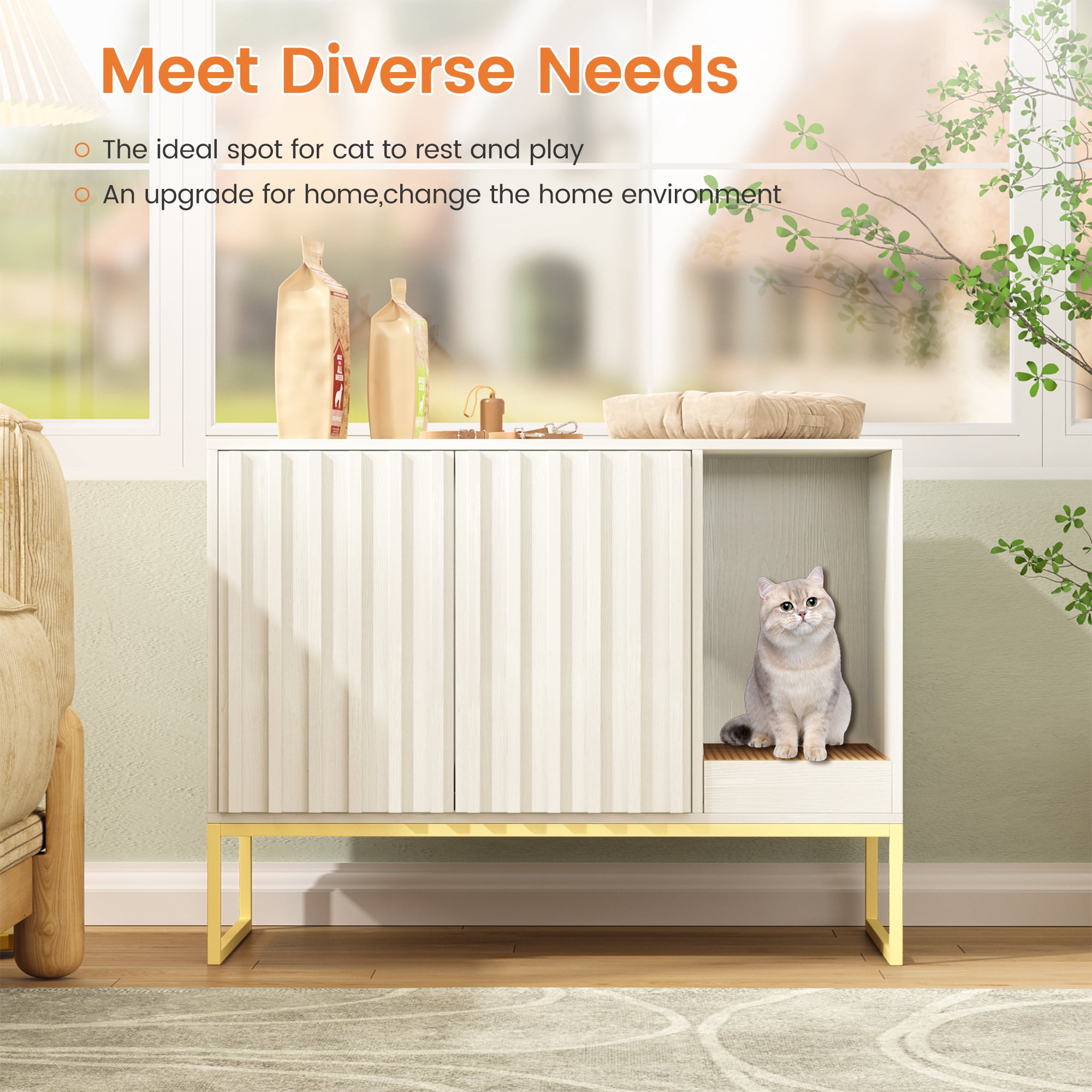 Veanerwood Litter Box Enclosure,Modern Cat Litter Box Enclosure Furniture Hidden Litter Box with Cat Scratch Pad, Cat Washroom Cat House End Table, Entryway Bench for Livingroom (White)