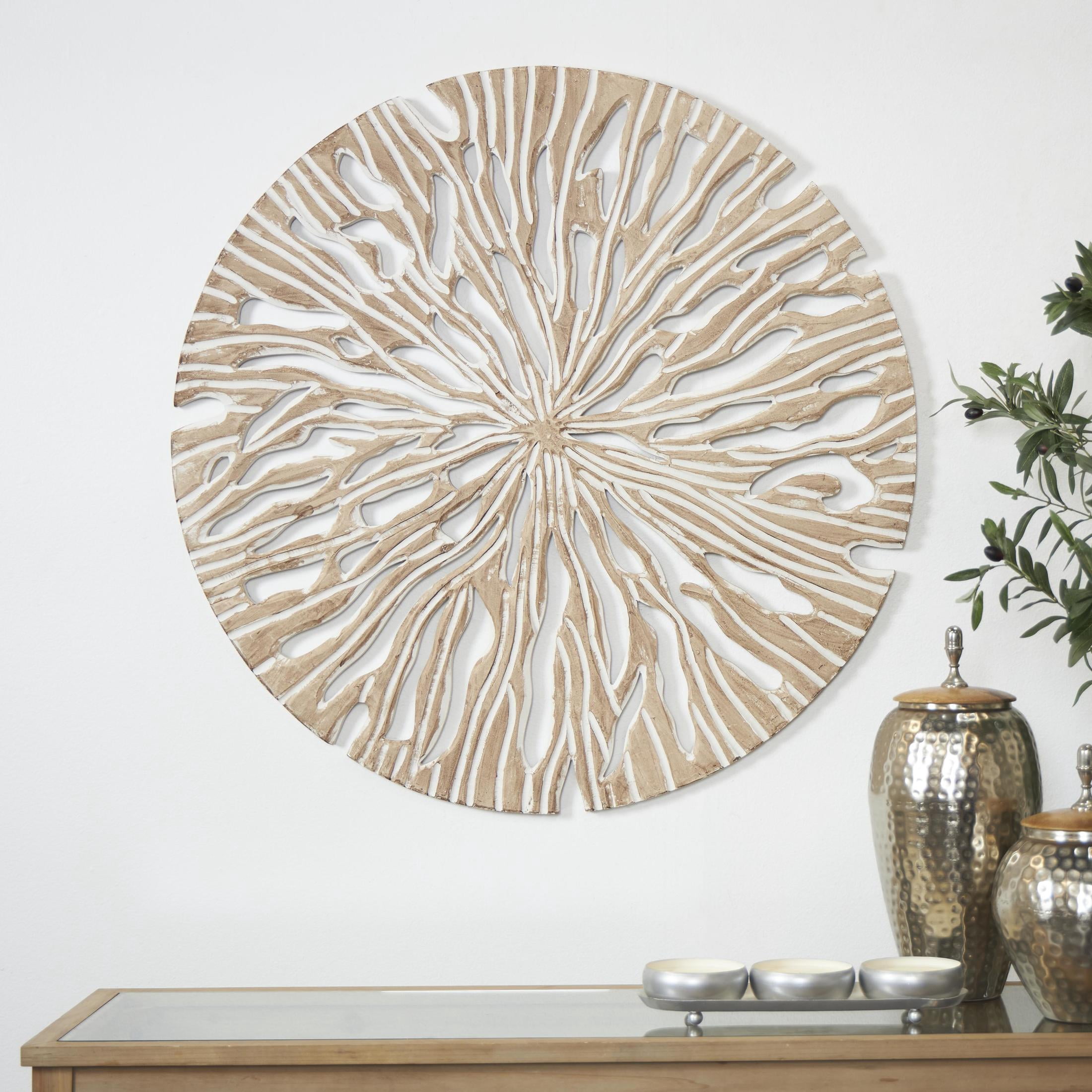 DecMode Beige Wooden Handmade Intricately Carved Starburst Wall Decor
