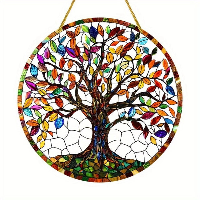 Tree Of Life Acrylic Painted Glass Window Hanging Colorful Exquisite Porch Home Stained Glass Frame Material Easter Flowers Fresh Cut And Gemstones Chain Christmas Decorations Potted Garland for
