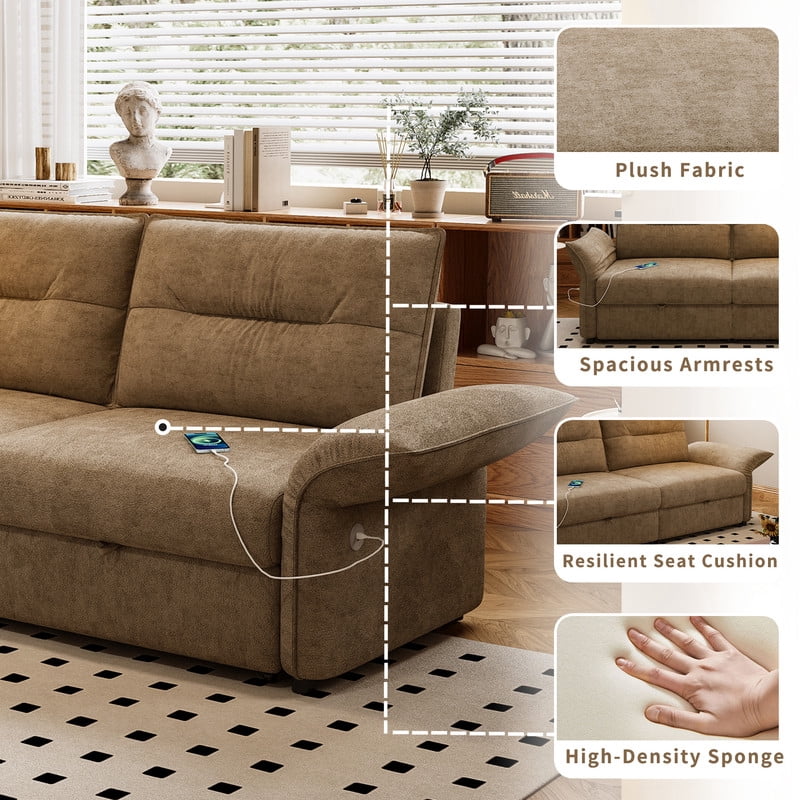 85" Convertible Sofa Bed, 2-in-1 Sleeper Sofa with Plush Fabric, Full-Size Pull-Out Couch with USB Charging Ports, Solid Wood Frame, High-Resilience Foam for Living Room & Small Space