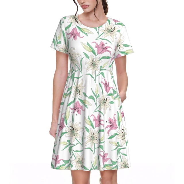 Fotbe Lilies Flowers Vestido Largo de Moda para Mujer, Vestido Tipo Camiseta con Manga Corta y Estilo Casual a Rayas y Bloques de Color