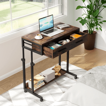 Tribesigns Portable Desk with Drawers Mobile Laptop Desk with Wheels Couch Side Table Bed Desk Standing Desk for Home Office (Brown)