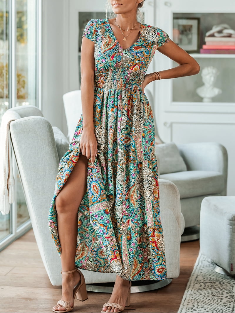 Cupshe Women's Casual Cap Sleeve Paisley Print V-Neck Maxi Dress for  Summer, Beach, and Pool - Walmart.com