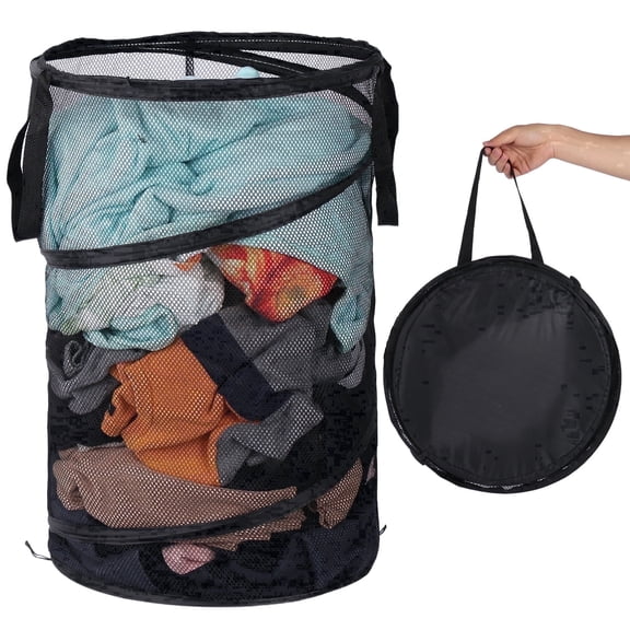 Okaka Pop-Up Collapsible Mesh Laundry Hamper Foldable Dirty Clothes Basket Black 75L