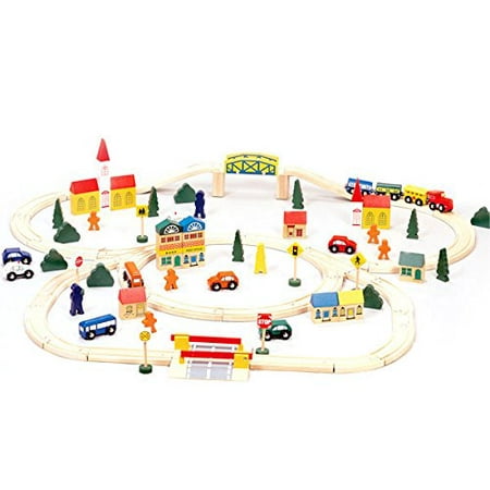 Conductor Carl 100-piece Wooden Toy Train Track Set with City (Best Wooden Train Track Set)