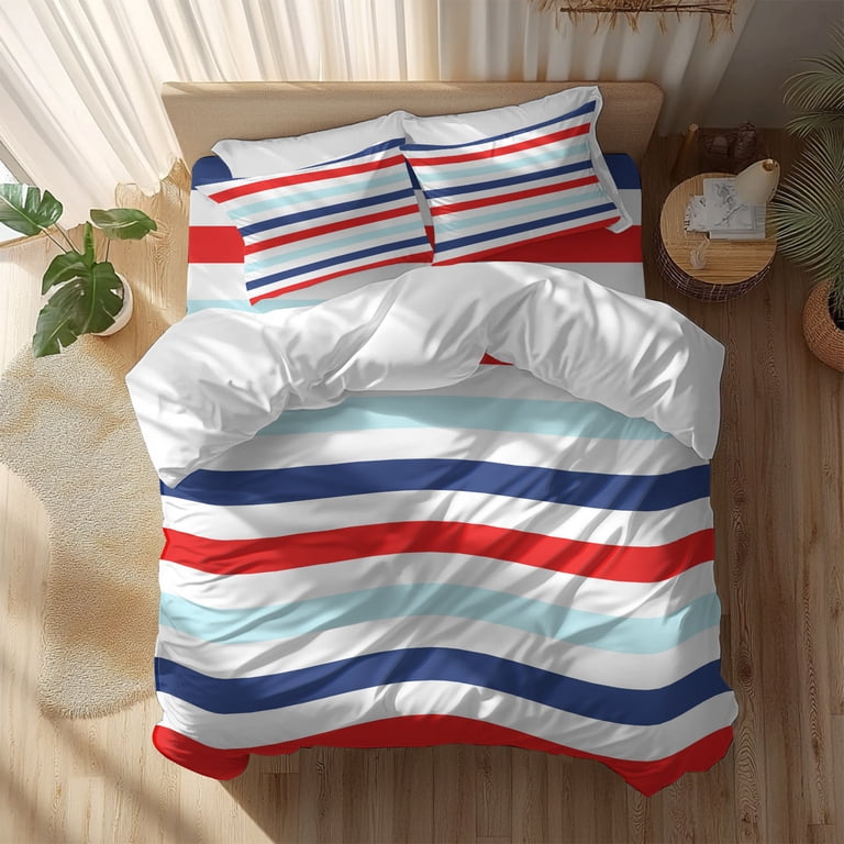 Blue Red Aqua White Striped Bedding Duvet Cover Set Twin Size 4