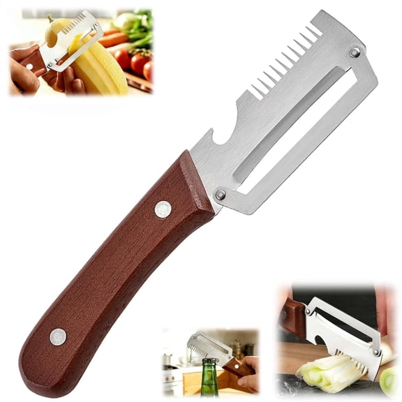 2026 3-in-1 Stainless Steel Peeler – Multi-Functional Vegetable & Fruit Peeler with Wooden Handle, Scallion Slicer & Bottle Opener(1Pcs)
