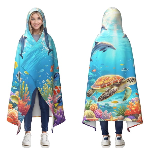 Soft Lightweight Ocean Wearable Blanket Hoodies for Office Home Colorful Underwater Dolphins Sea Turtle Hooded Blanket for Women Men Adults Dolphin Lovers Decor Birthday Gifts 50×60 Inch