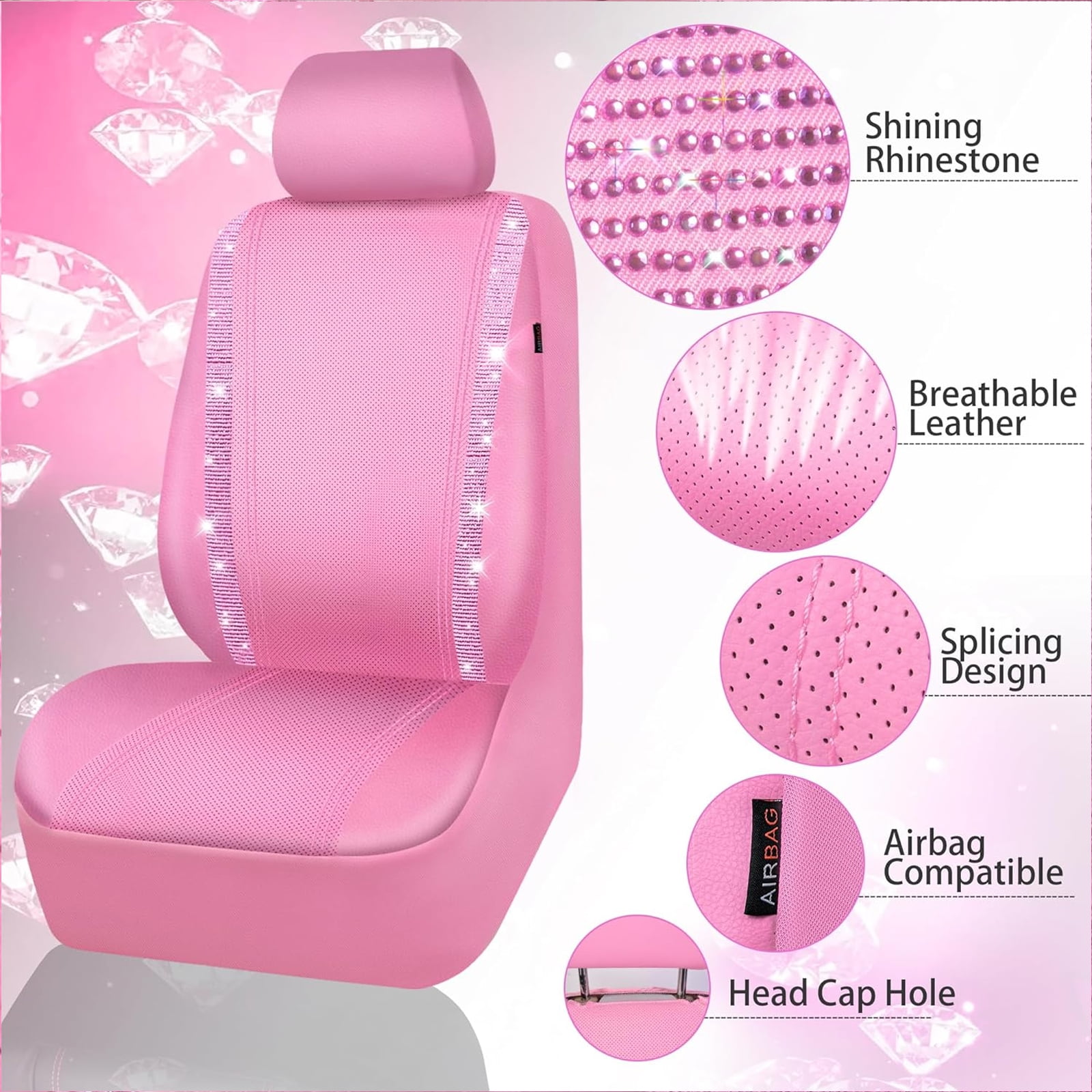 Car-Grand Bling Diamond Rhinestone Leather car seat covers full set waterproof universal shinning glitter crytal sparkle fit automotivve truck SUV Cute girl femal All Pink