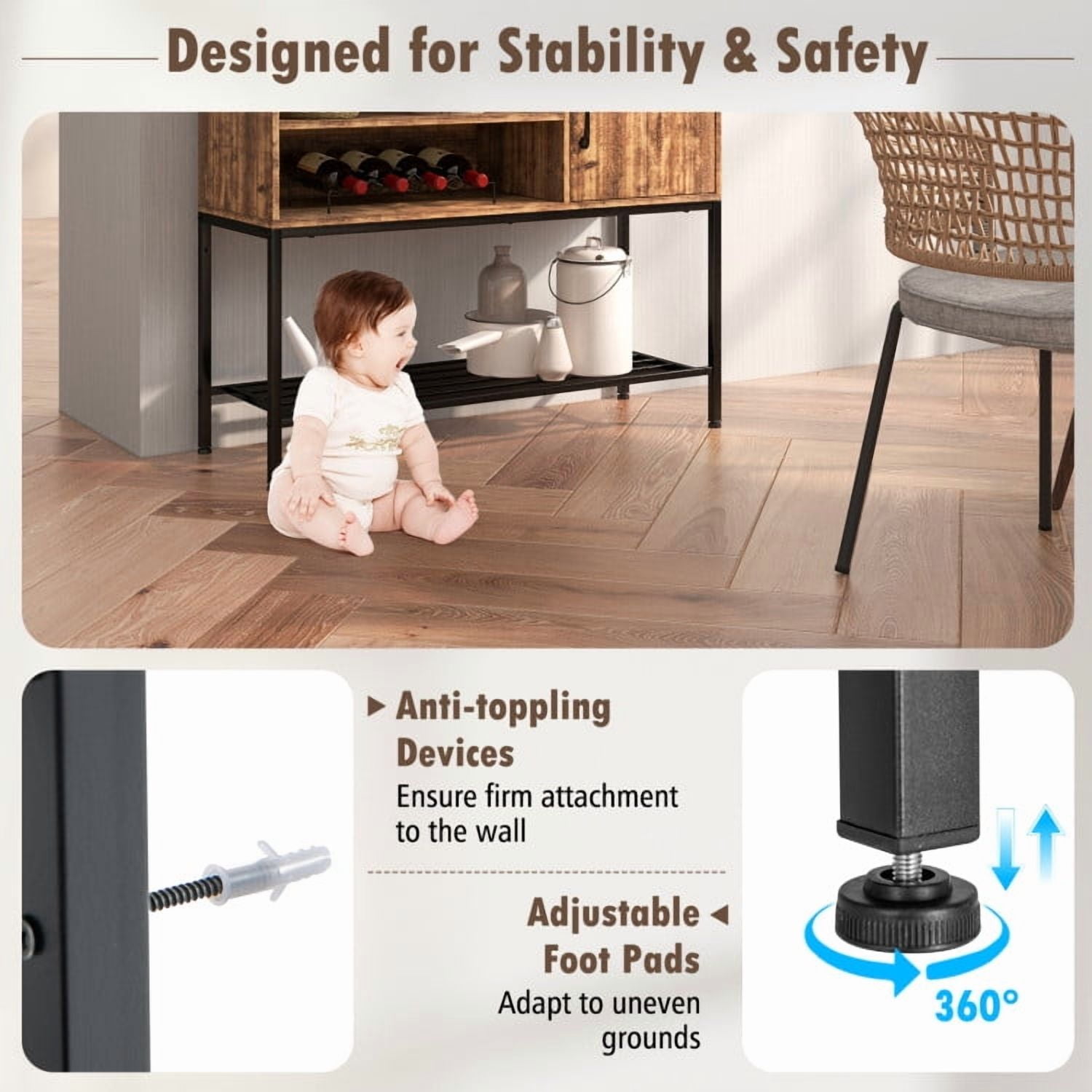 Demi Bonn Storage Cabinet, Buffet Sideboard, Buffet Sideboard Coffee Bar Cabinet with Power Outlets and USB Ports, for Dining Room, Kitchen, Living Room, Rustic Brown