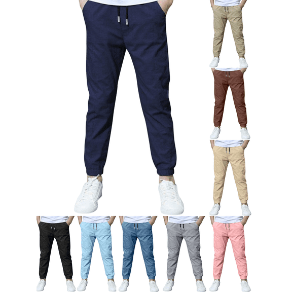 Boy Pants Casual Cotton Linen Pants Drawstring Waist Tapered Lounge Pants for Kids Solid Color Slacks with Pockets