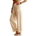 thumbnail image 4 of Resicozy Linen Pants Women Beach Vacation High Waist Elastic Drawstring Straight Leg Long Trousers with Pockets Cuffed Hem Khaki L, 4 of 6