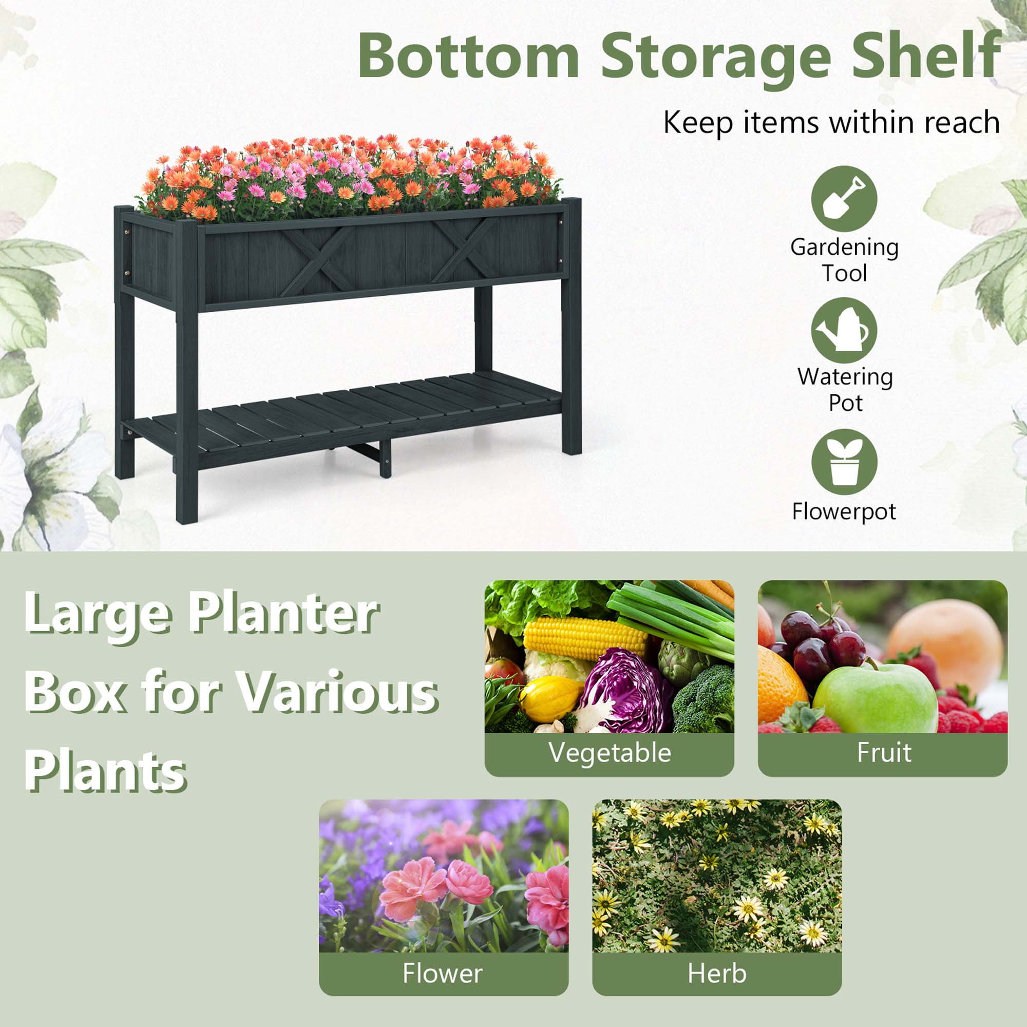 Costway HIPS Raised Garden Bed Poly Wood Elevated Planter Box with Legs, Storage Shelf Black