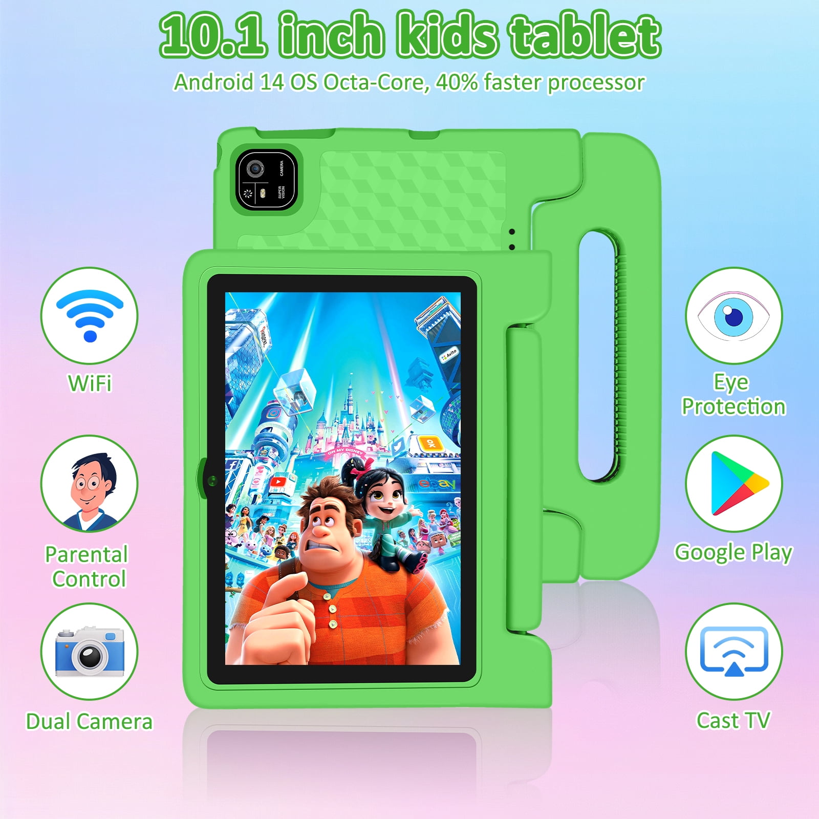 Kids Tablet, 10.1 inch Tablet for Kids IPS HD Screen RAM 8GB 64GB Storage, J10 Pro Toddler Tablet with Protective case - Green