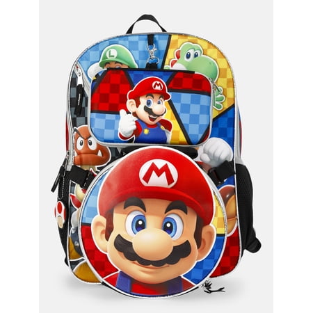 Nintendo Mario Boys 17 Step it Up Backpack with Pouch & Lunch Box 3-Piece Set Black