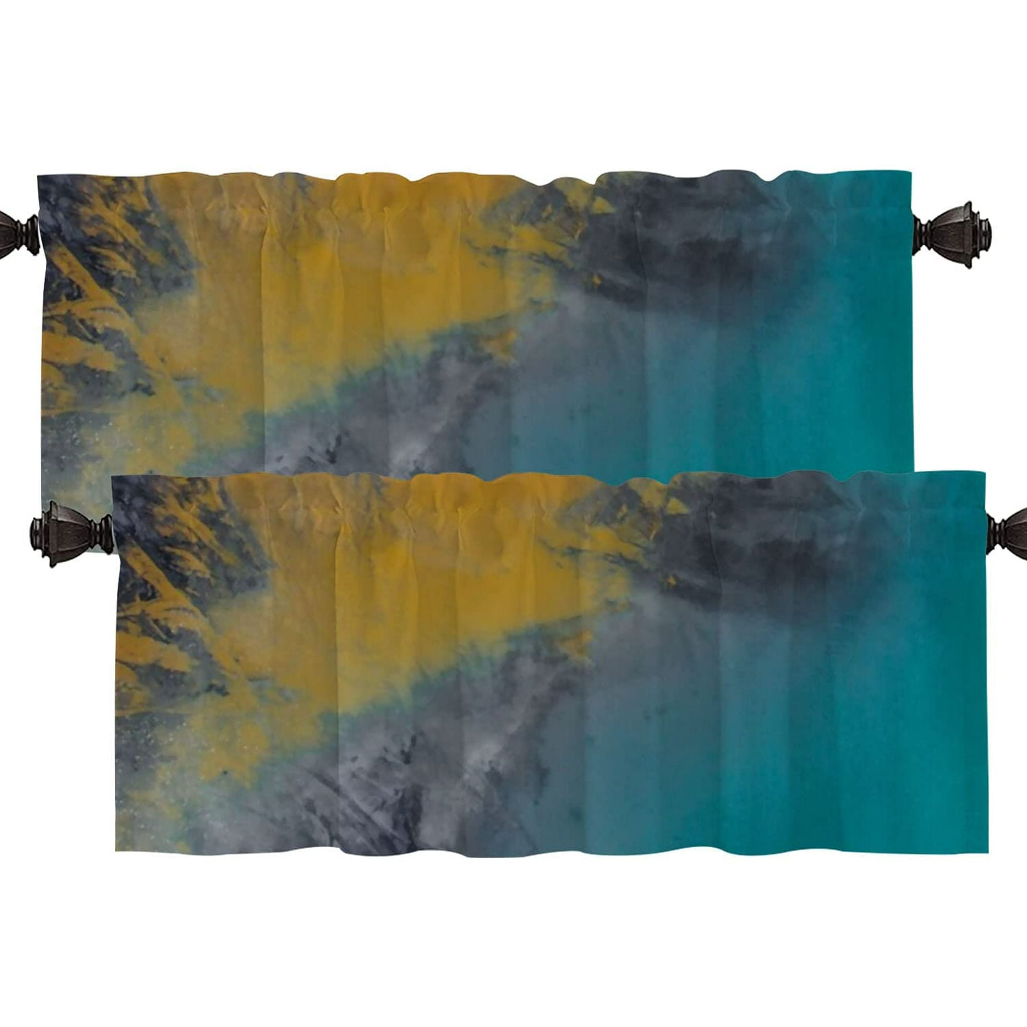 Blue Grey Yellow Abstract Splash Ink Kitchen Valances Half Window Curtain, Artistic Abstract Geometric Pattern Kitchen Valances for Bedroom Heat ...