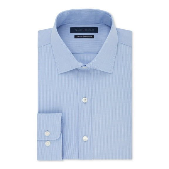 TOMMY HILFIGER Mens Light Blue Pinstripe Collared Classic Fit Stretch Dress Shirt 17.5- 34/35