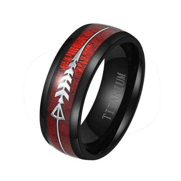 8mm Black Plated Titanium Steel Mens Ring Men Wedding Band Red Wood Man Ring