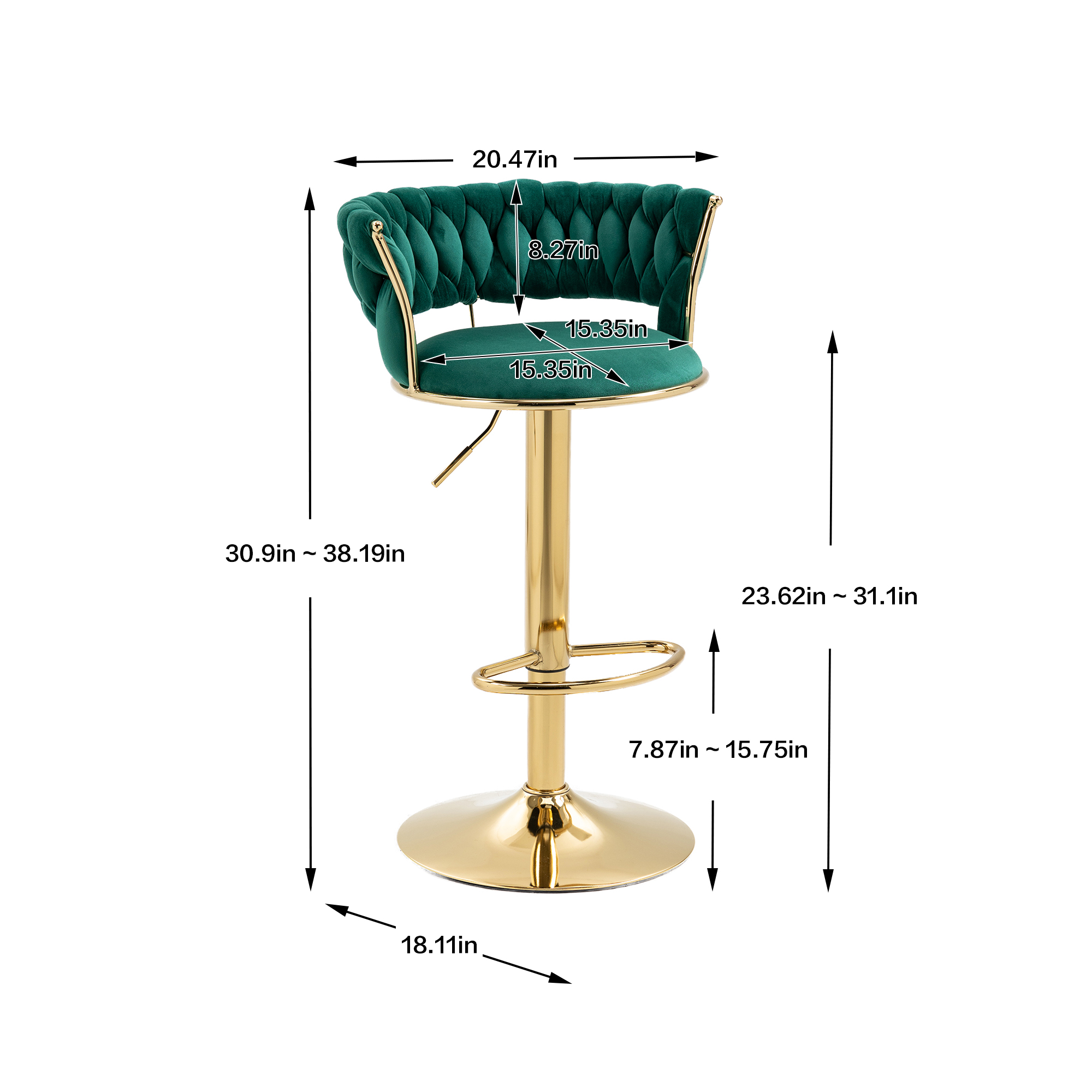 MOONMISS Velvet Swivel Bar Stools Set of 2, Adjustable Counter Height Bar Stool with Woven Back, Upholstered Kitchen Dining Chairs, Modern Barstools for Kitchen Island, Cafe, Pub, Bar Counter(Emerald)
