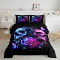 thumbnail image 2 of Homewish Neon Skull Rose Butterfly Full Size Comforter Sets for Teens, Black Purple Gothic Skeleton Bedding Comforter Set, Black Reversible, 3 Pieces, 1 Comforter and 2 Pillowcases, 2 of 6