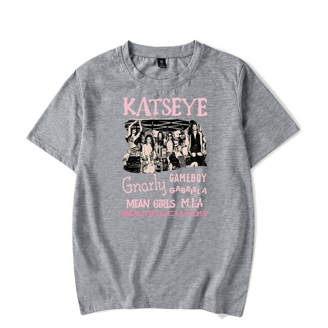 T-Shirt Surdimensionné Inspiré du Chaos Katseye - Col Rond en Coton Unisexe à Manches Courtes pour l'Été, Mode Urbaine, 4TG, Gris