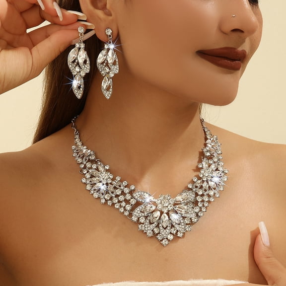 TAZAG Exaggerated Leaf Flower Necklace Earrings Two-piece Set Bridal Wedding Accessories Adult Gifts