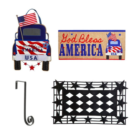 Evergreen Indoor Outdoor Patriotic 4th of July Bundle Set of 4 - Door hanger Door Decor Truck Sassafras Doormat Frame and Sassafras Insert