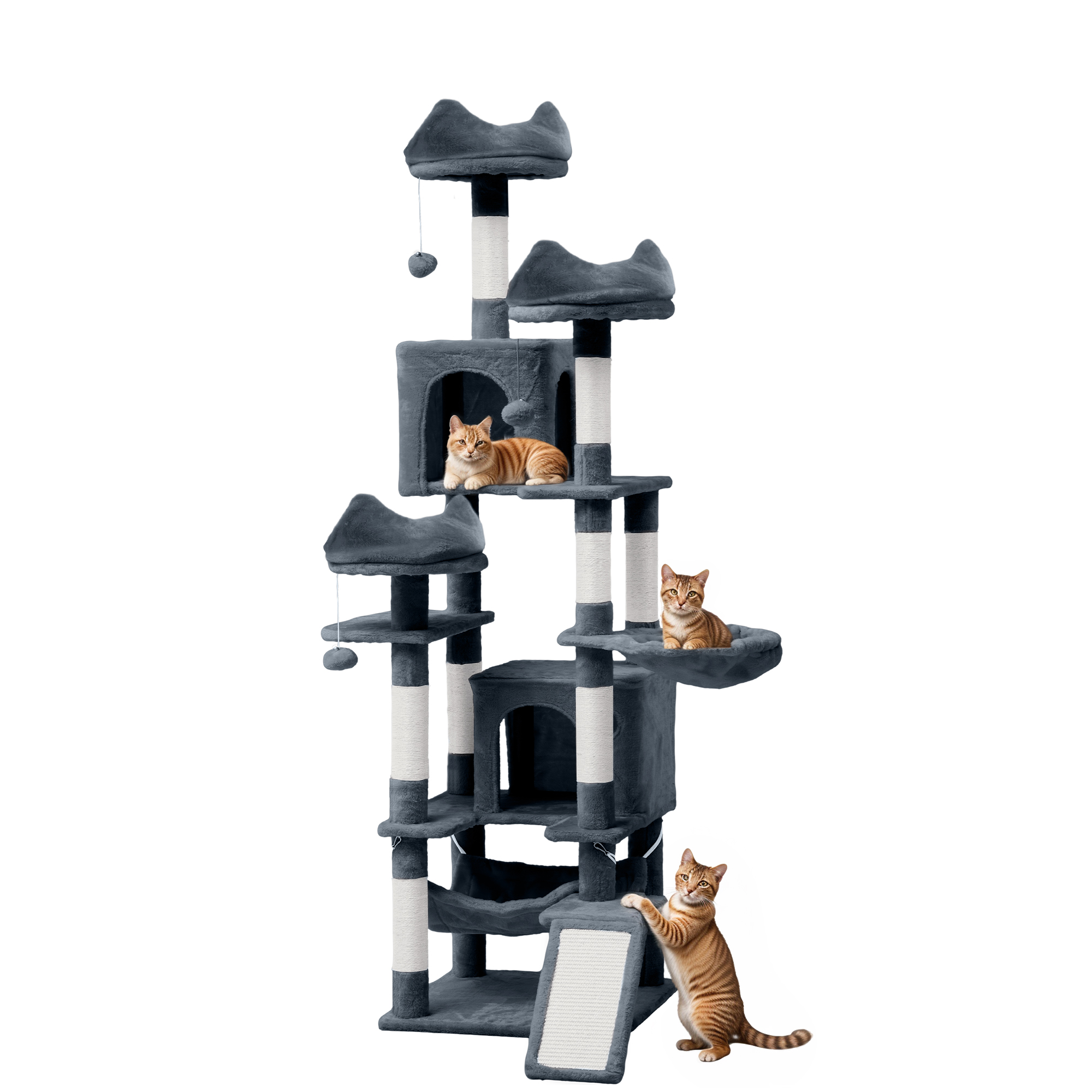 Uforic Large Cat Tree, Multi-Level Tower Condos with Scratch Posts, Cozy Basket Hammocks, Top Perches, Sisal Ramp, Pet Play House, 75in