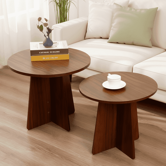 BEJOLO Round Coffee Table, Modern Table with Wood Grain Finish, End Table Side Tables for Living Room (Walnut)