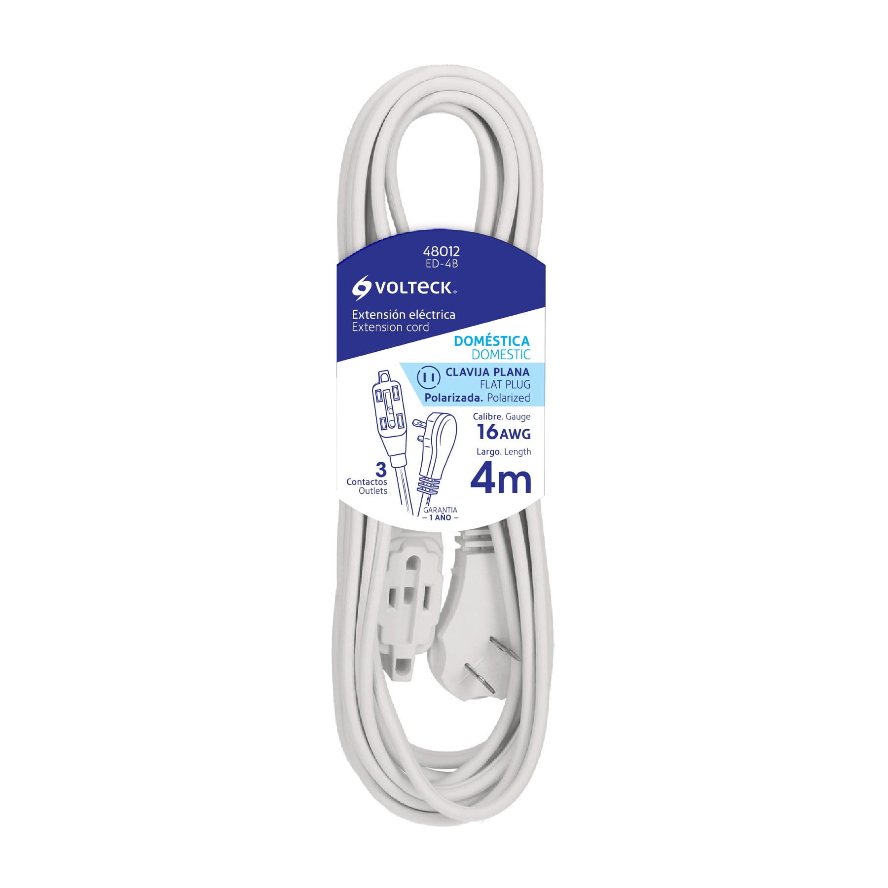Extensión Eléctrica Doméstica Color Blanca Con Clavija Recta Volteck