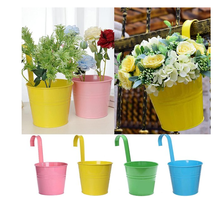 Metal Hanging Flower Pots, Colored Plant Pots with Drainage Hole and