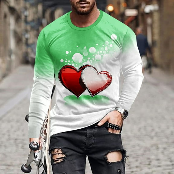 HaoXianJian Valentine's Day T Shirts for Men Cute Heart Print Graphic Tees Casual Long Sleeve Top Funny Pullover Blouse Casual Valentines Gifts Plus Size 2X 3X 4X