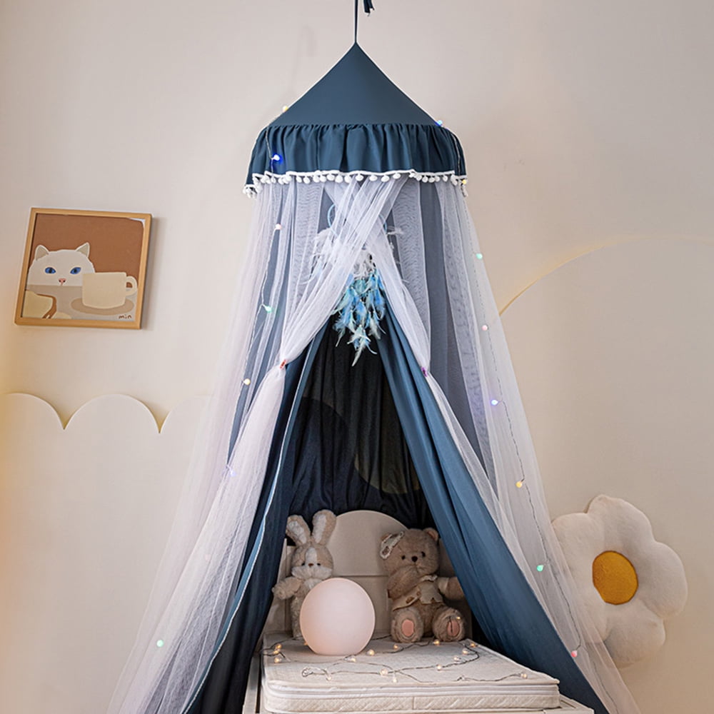 Qelus Bed Canopy for Kids' Bed, Double Layer Canopy Bed Curtains Pompom Ceiling-Mounted Mosquito Net Foldable Prince Princess Cute Tent for Children Reading Nook