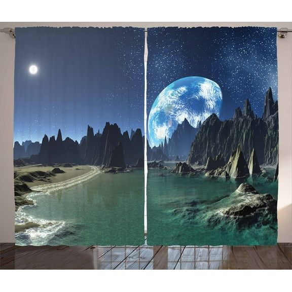 Ambesonne Fantasy Curtains 2 Panel Set, Earth from Alien Shores, 108" x 63", Dark Blue Jade Green