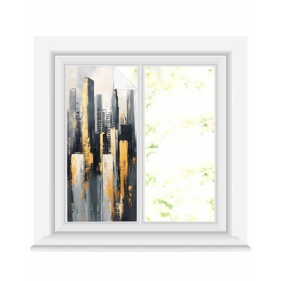 Window Privacy Film Modern Building Stained Glass Window Film Decorative Sun Block Window Cover Chic Retro Abstract City Oil Painting Window Clings Static Adhesive Sticker for Bathroom 17.7"x39.3"