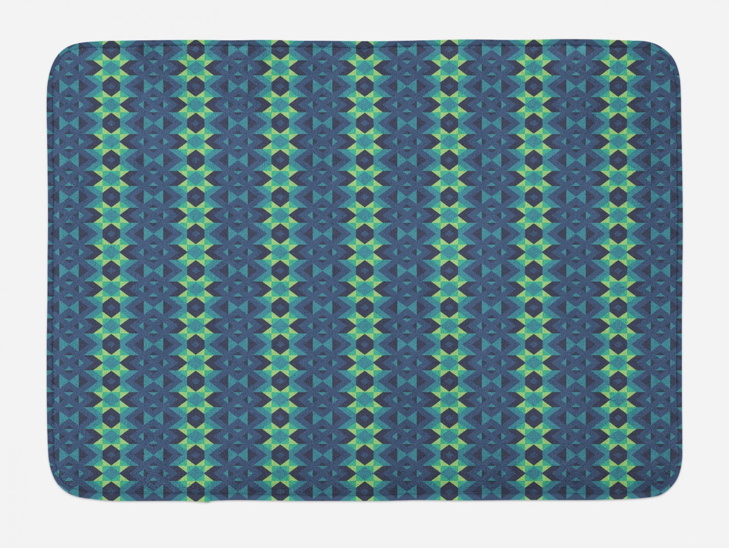 Blue and Green Bath Mat, Symmetric Geometric Vertical Borders with Zig