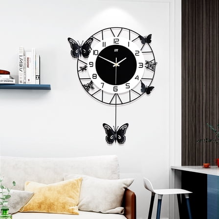 TFCFL Modern Butterfly Wall Clock Metal Quartz Pendulum Clock Round Non Ticking Clock Decoration