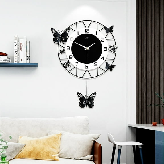 TFCFL Modern Butterfly Wall Clock Metal Quartz Pendulum Clock Round Non Ticking Clock Decoration