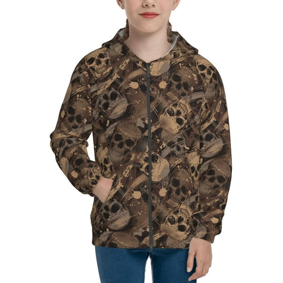 Naloa Brown Camouflage Skull Teenage Zipper Hoodie, Long Sleeve Zip Up Hoodies Casual Jackets Tops for 7-12 Years-Small