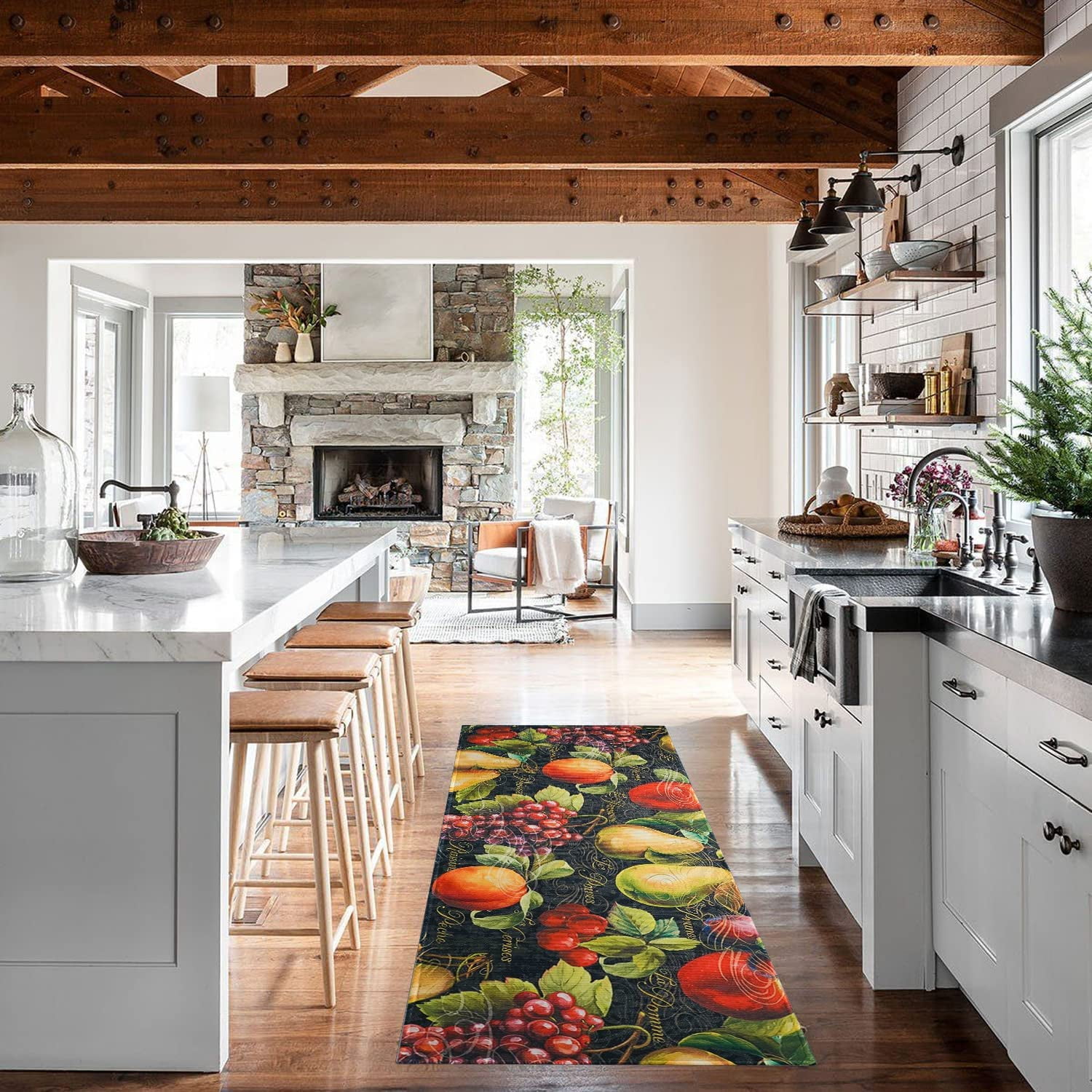 Fall Fruit Kitchen Rugs Set 2 Piece Vintage Black Farmhouse Decorative Rug Runner for Kitchen Low-Profile Floor Mats Decorations for Home Kitchen (17"x48"+17"x30")
