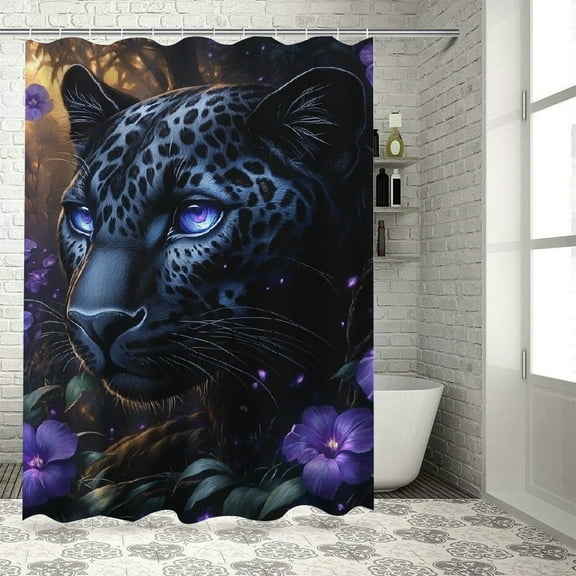 Patifu Black Leopard Purple Flowers Shower Curtain 100% Polyester Washable 36"x72