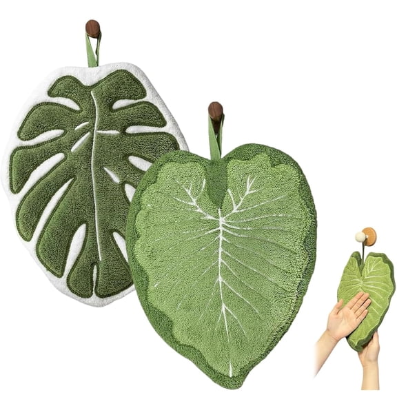 Monstera Deliciosa Hanging Hand Towels – Absorbent, Lint-Free Coral Fleece for Kitchen, Funny 11.3" Leaf Shaped Towels with Loop for Kitchen & Bathroom(RL 2 PCS)