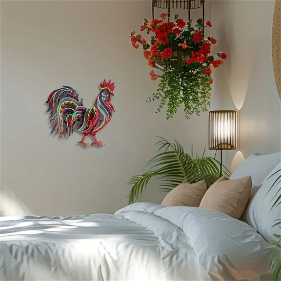 Vacemry Under $5 Colorful Rooster Metal Craft, Farmhouse Animal Decor Pendant, Patriotic Yard Art for Outdoor, Vintage Style Rooster Statue for Garden